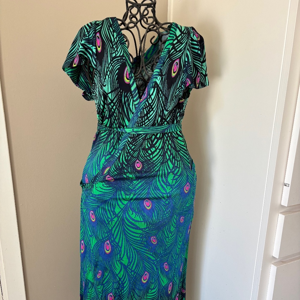 Peacock print wrap dress